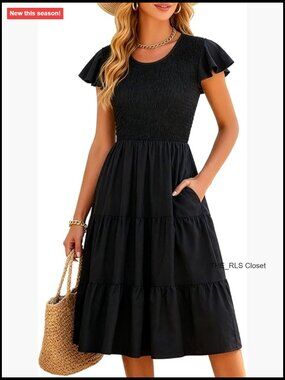 Lightweight Woven Fabric Flutter Sleeve Midi Dress with Pockets